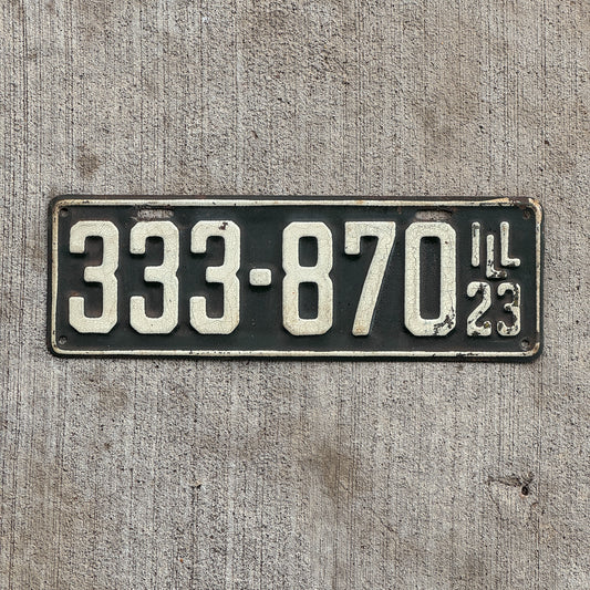 Photo of a 1923 Illinois License Plate Auto Tag Garage Decor Vintage Repeat Repeating 333 870 with original patina