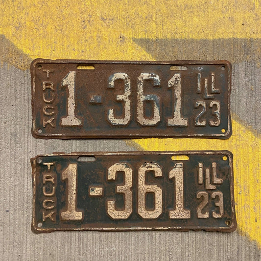 Photo of a 1923 Illinois Truck License Plate Pair Auto Tag Garage Decor Vintage Low Number Four Digit 1361 with original patina