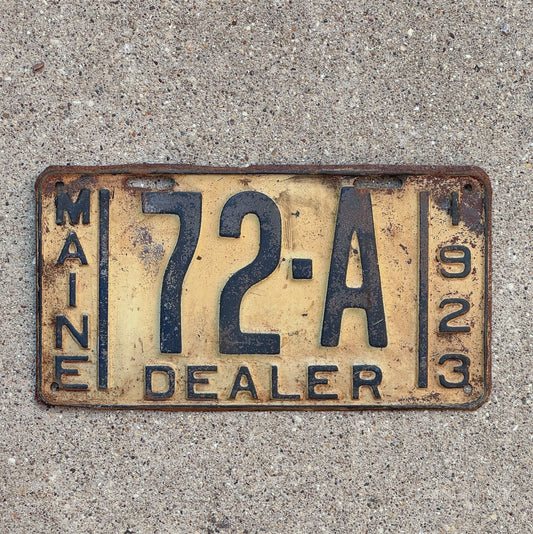 Photo of a 1923 Maine Dealer License Plate Auto Tag 1 Vintage Garage Low Number Two Digit 72 A with original patina