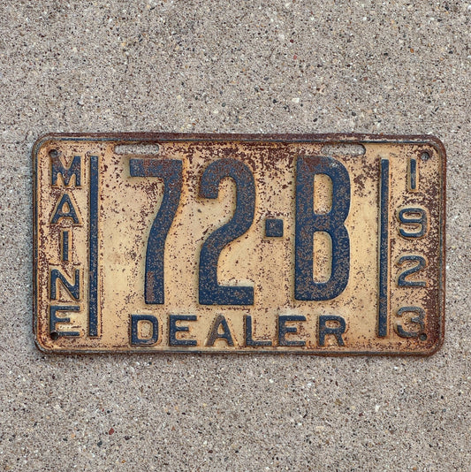 Photo of a 1923 Maine Dealer License Plate Auto Tag 1 Vintage Garage Low Number Two Digit 72 B with original patina