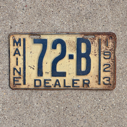 Photo of a 1923 Maine Dealer License Plate Auto Tag 2 Vintage Garage Low Number Two Digit 72 B with original patina