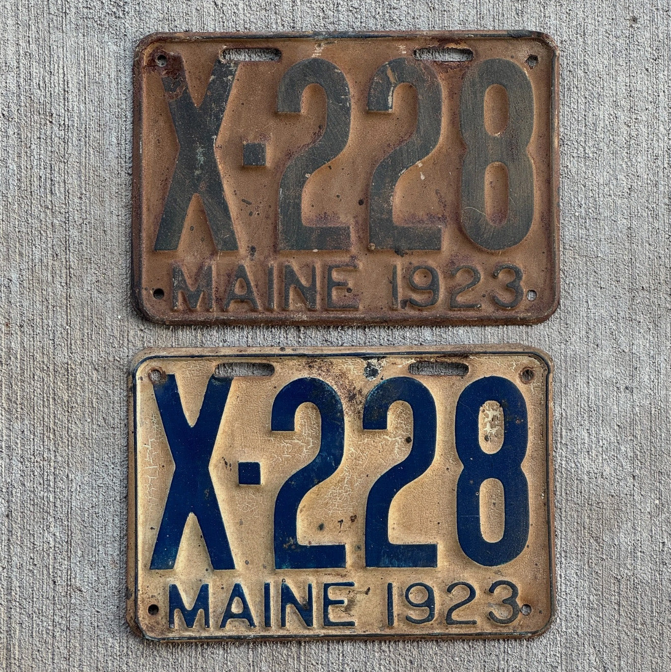 Photo of a 1923 Maine Truck License Plate Pair Auto Tag Garage Decor Vintage Low Number Three Digit X 228 with original patina