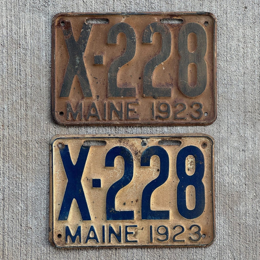 Photo of a 1923 Maine Truck License Plate Pair Auto Tag Garage Decor Vintage Low Number Three Digit X 228 with original patina
