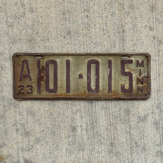 Photo of a 1923 Minnesota License Plate Auto Tag Garage Decor Vintage 101 015 with original patina