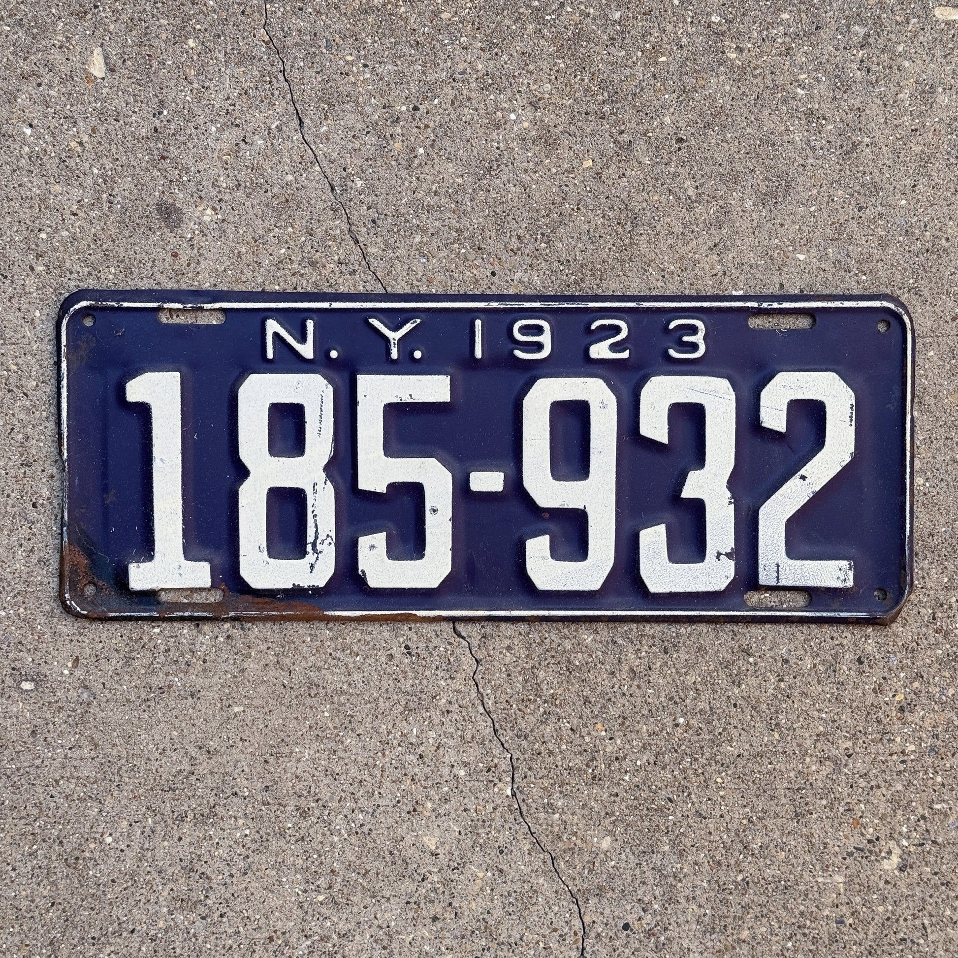 Photo of a 1923 New York License Plate Auto Tag Garage Decor Vintage 185 932 with original patina