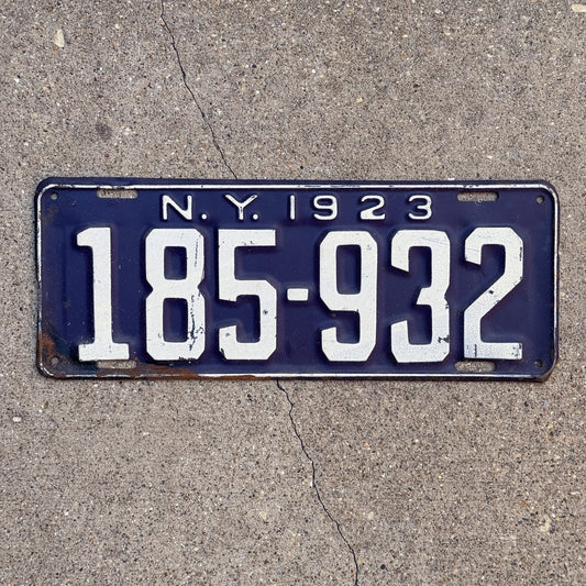 Photo of a 1923 New York License Plate Auto Tag Garage Decor Vintage 185 932 with original patina