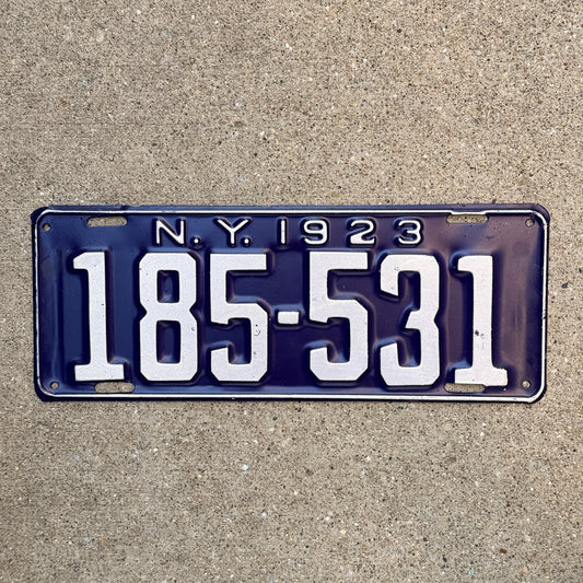 Photo of a 1923 New York License Plate Auto Tag Garage Decor Vintage High Quality 185 531 with original patina