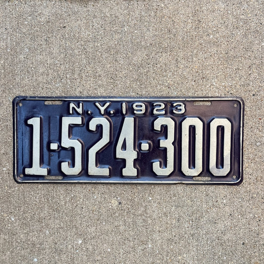 Photo of a 1923 New York License Plate Auto Tag Garage Decor Vintage High Quality, Hard to Find 7 Digit 1 524 300 with original patina