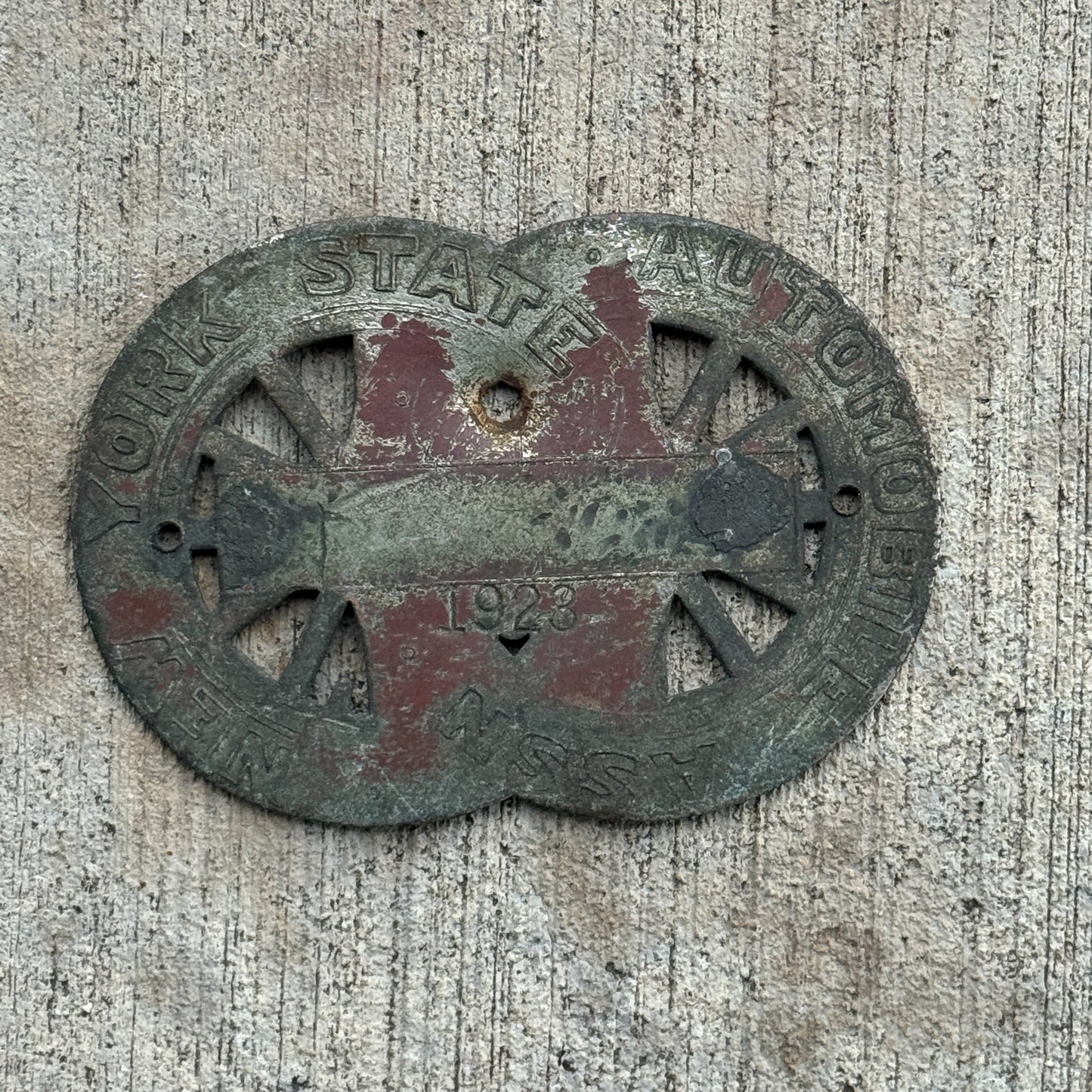 Photo of a 1923 New York License Plate Topper Auto Tag Garage Decor Vintage State Automobile Association Car Badge Motor Club Automobile with original patina