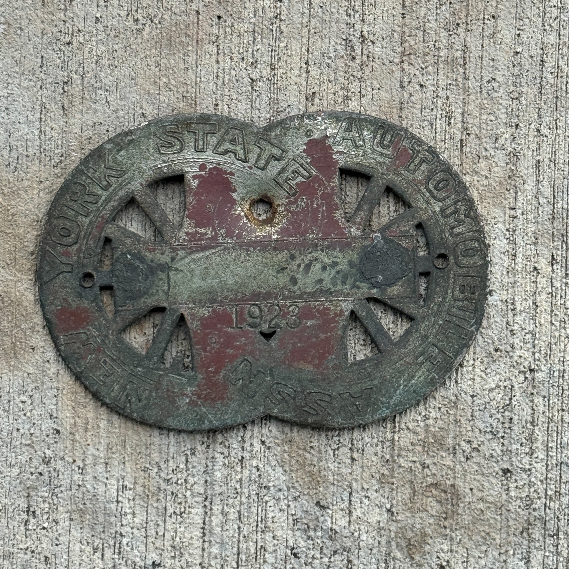 Photo of a 1923 New York License Plate Topper Auto Tag Garage Decor Vintage State Automobile Association Car Badge Motor Club Automobile with original patina