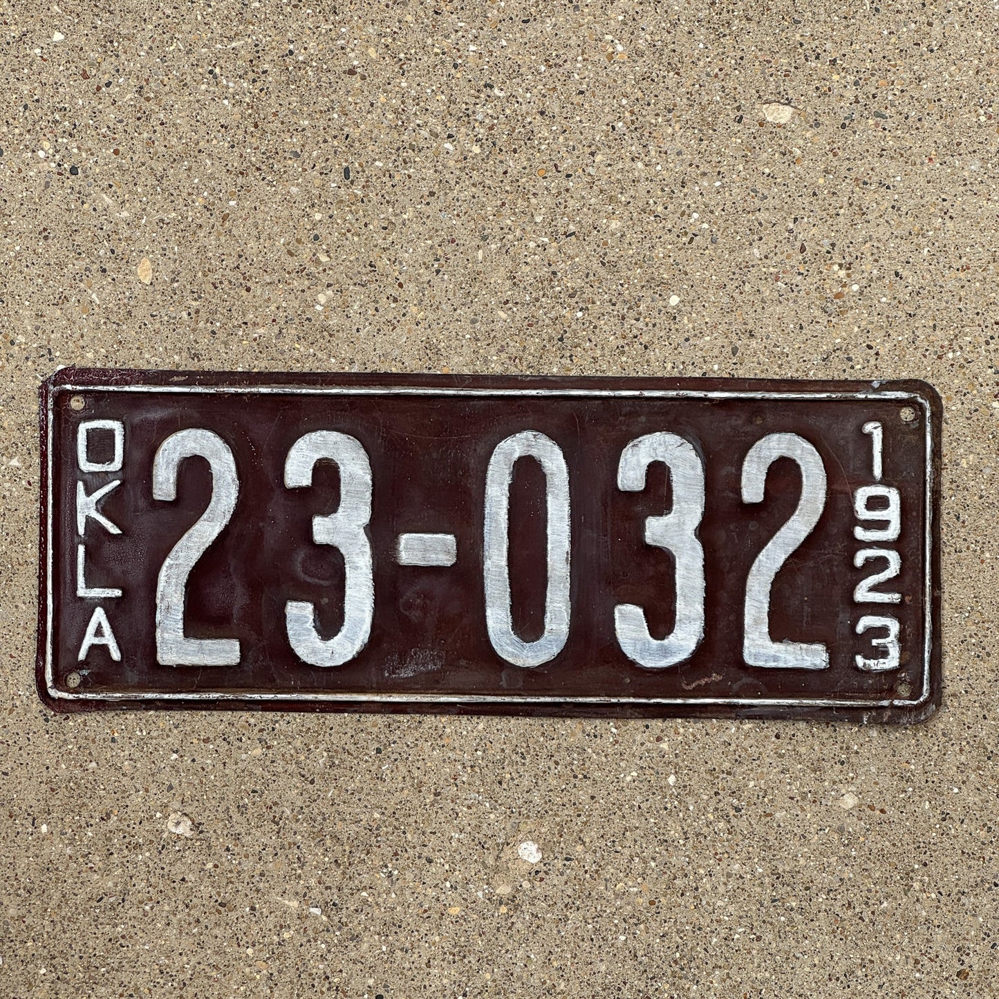 Photo of a 1923 Oklahoma License Plate Auto Tag Garage Decor Vintage Palindrome 23 032