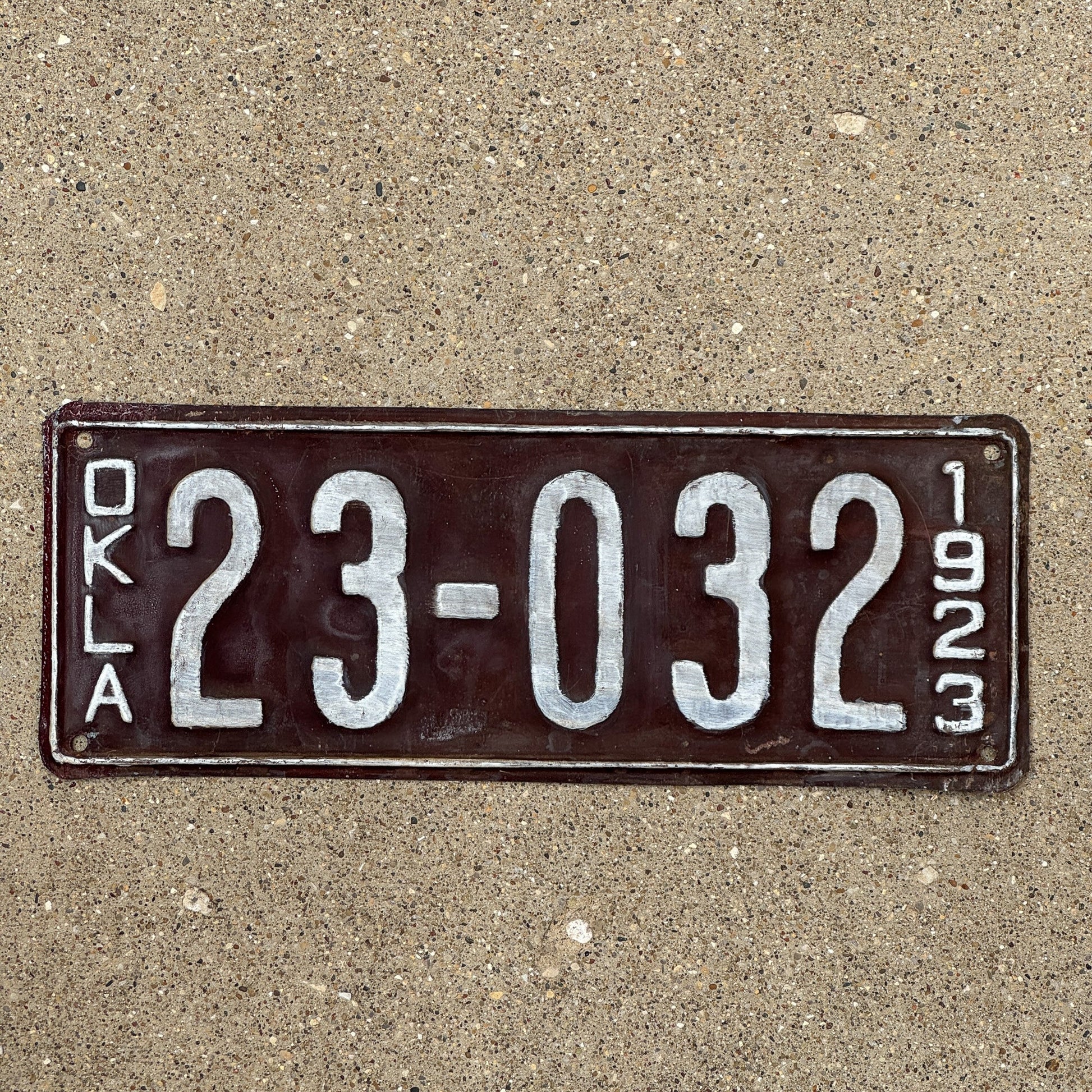 Photo of a 1923 Oklahoma License Plate Auto Tag Garage Decor Vintage Palindrome 23 032