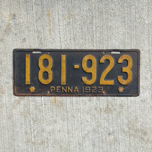 Photo of a 1923 Pennsylvania License Plate Auto Tag Garage Decor Vintage 181 923 with original patina
