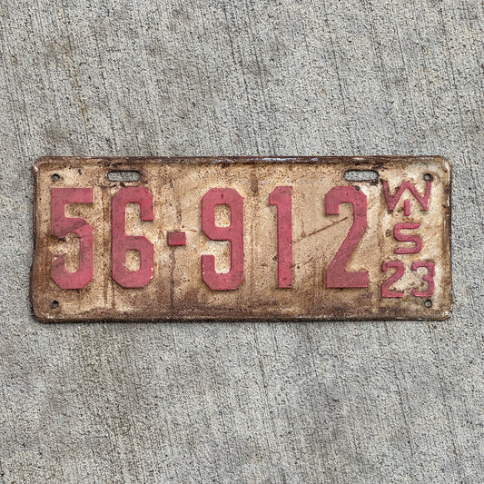 Photo of a 1923 Wisconsin License Plate Auto Tag Garage Decor Vintage 56 912 with original patina