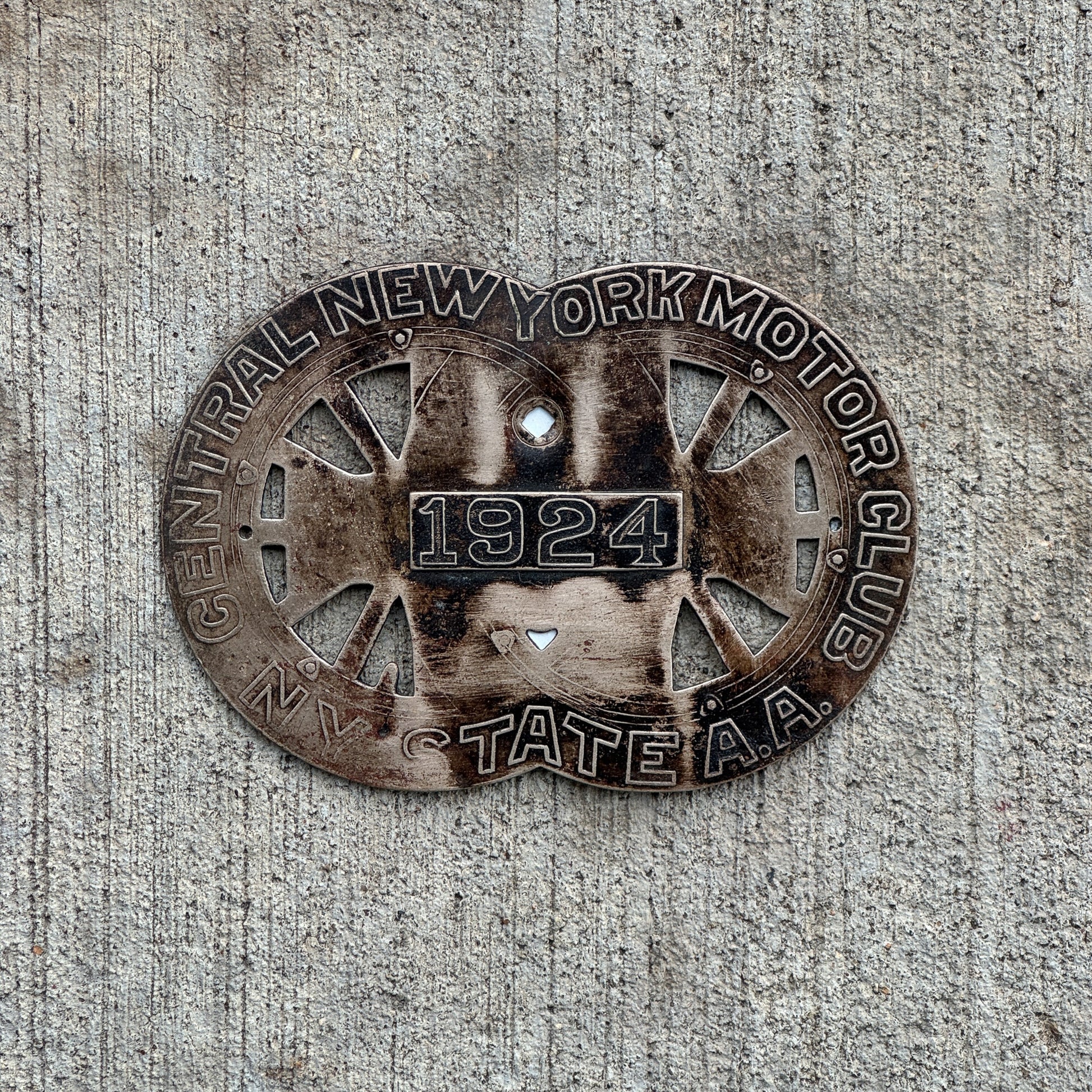 Photo of a 1924 Central New York Badge Emblem License Plate Topper Auto Tag Garage Decor Vintage Motor Club with original patina