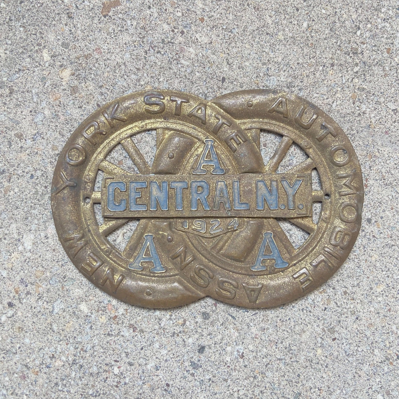 Photo of a 1924 Central New York License Plate Topper Auto Tag Garage Decor Vintage AAA Brass Car Badge Motor Club Automobile with original patina