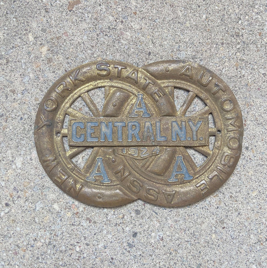 Photo of a 1924 Central New York License Plate Topper Auto Tag Garage Decor Vintage AAA Brass Car Badge Motor Club Automobile with original patina
