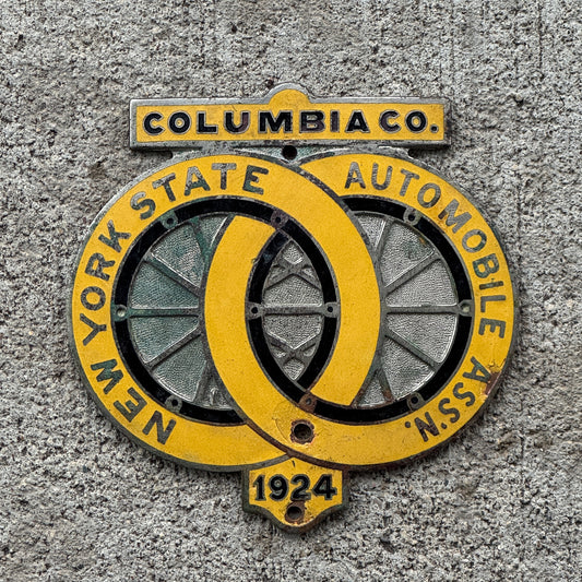Photo of a 1924 Columbia County New York Badge Emblem License Plate Topper Auto Tag Garage Decor Vintage Auto Club with original patina