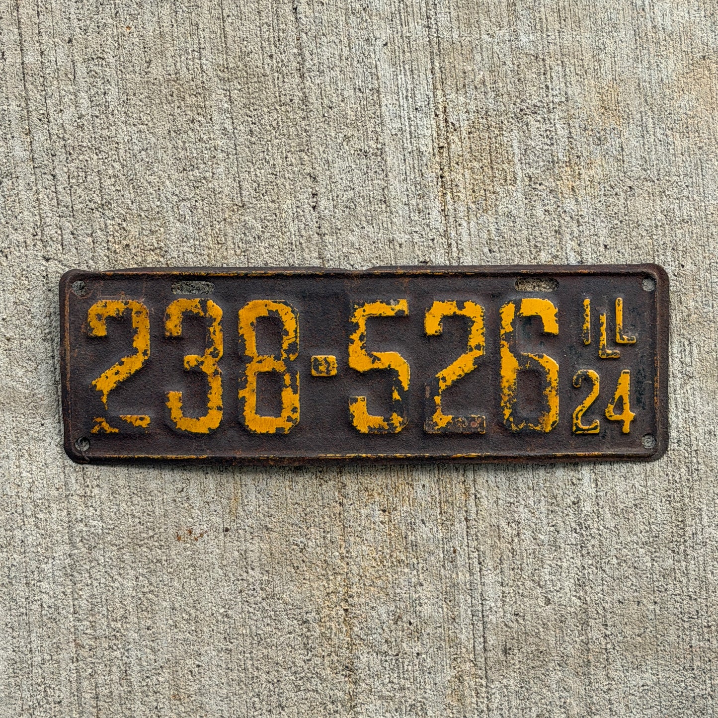Photo of a 1924 Illinois License Plate Auto Tag Garage Decor Vintage 238 526 with original patina