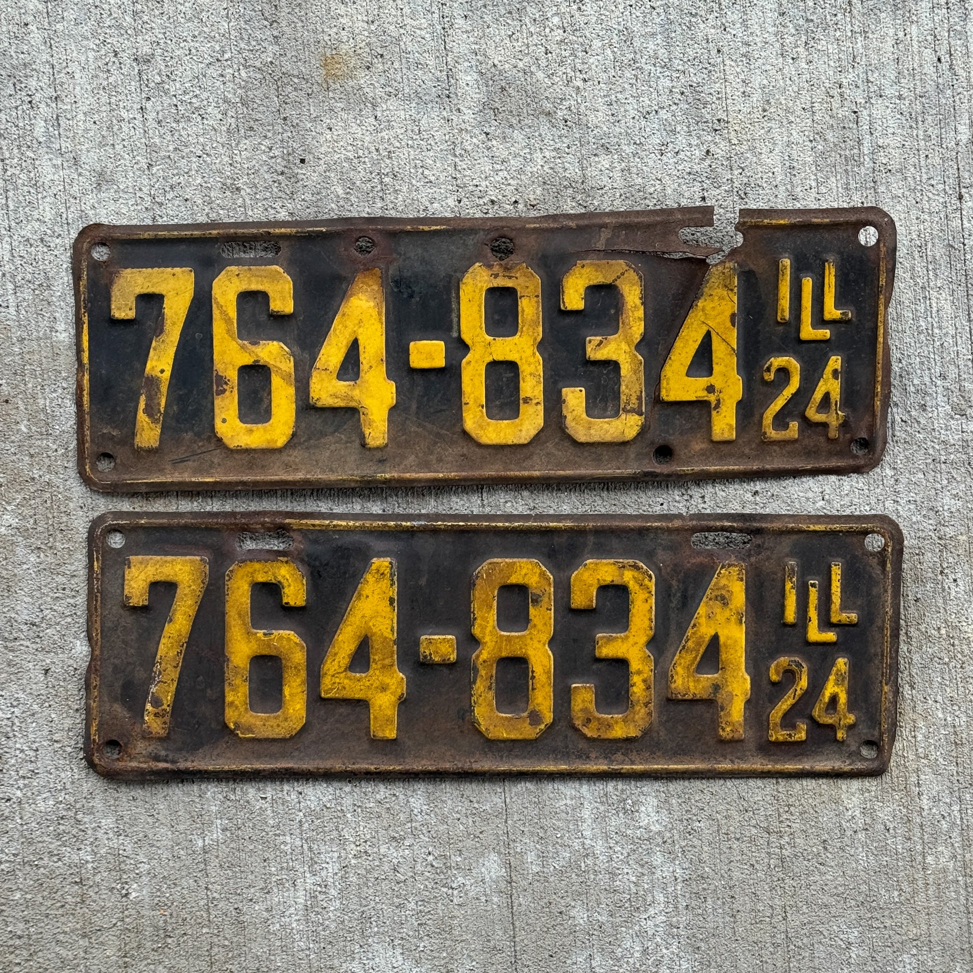 Photo of a 1924 Illinois License Plate Pair Auto Tag Garage Decor Vintage 764 834 with original patina