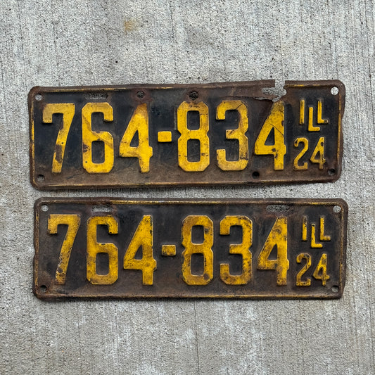 Photo of a 1924 Illinois License Plate Pair Auto Tag Garage Decor Vintage 764 834 with original patina