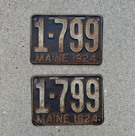 Photo of a 1924 Maine License Plate Pair Auto Tag Garage Decor Vintage Low Number Four Digit 1 799 with original patina