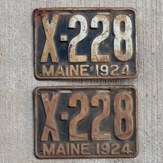 Photo of a 1924 Maine Truck License Plate Pair Auto Tag Garage Decor Vintage Low Number Three Digit X 228 with original patina