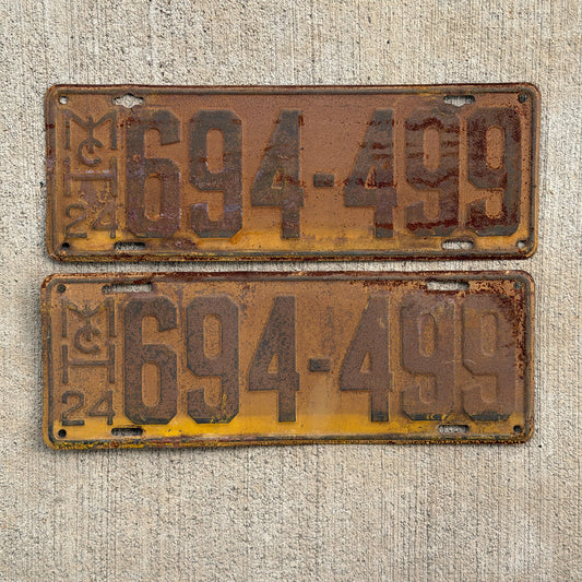 Photo of a 1924 Michigan License Plate Pair Auto Tag Garage Decor Vintage 694 499 with original patina