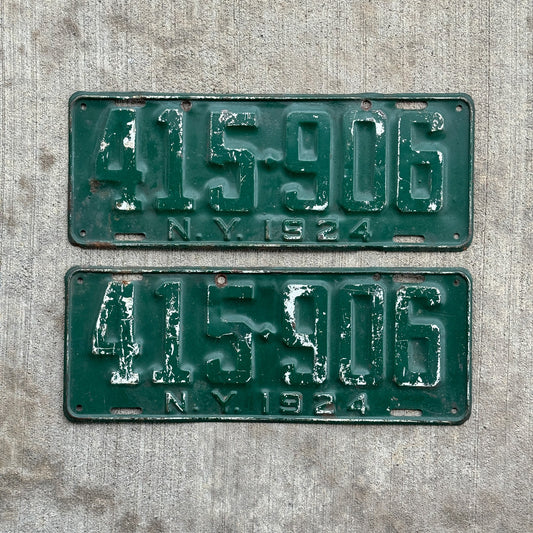 Photo of a 1924 New York License Plate Pair Auto Tag Garage Decor Vintage 415 906 with original patina