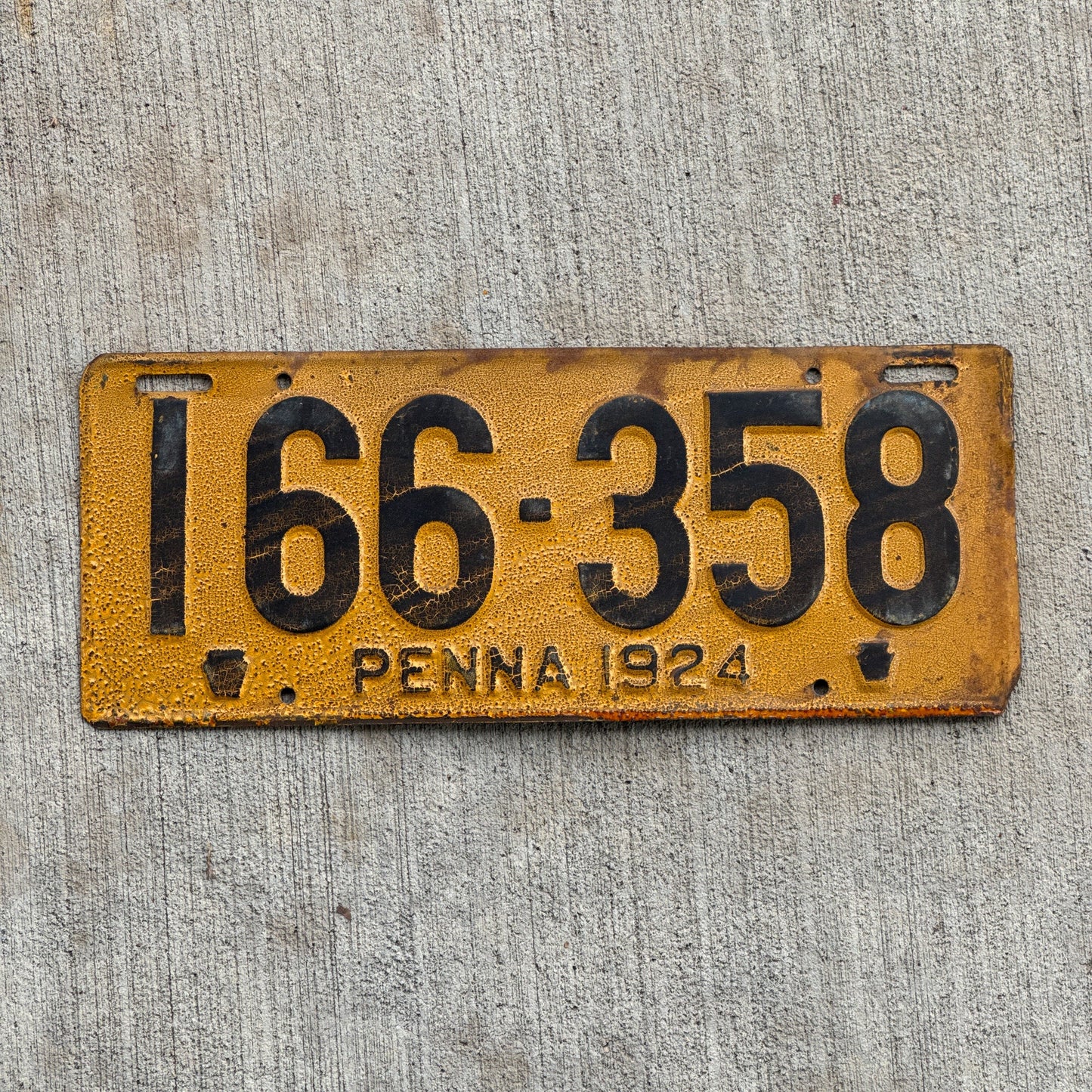 Photo of a 1924 Pennsylvania License Plate Auto Tag Garage Decor Vintage 166 358 with original patina