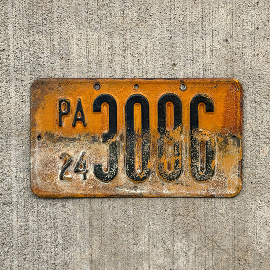 Photo of a 1924 Pennsylvania Motorcycle License Plate Auto Tag Garage Decor Vintage Mayor Low Number Four Digit 3086 with original patina
