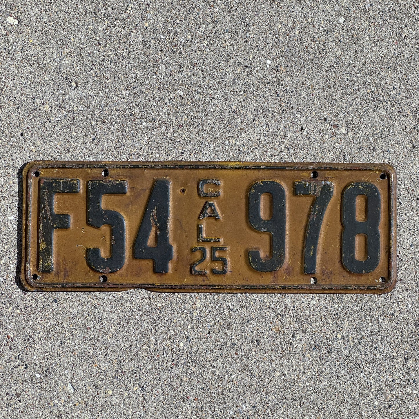 Photo of a 1925 California License Plate Auto Tag Garage Decor Vintage F 54 978 with original patina