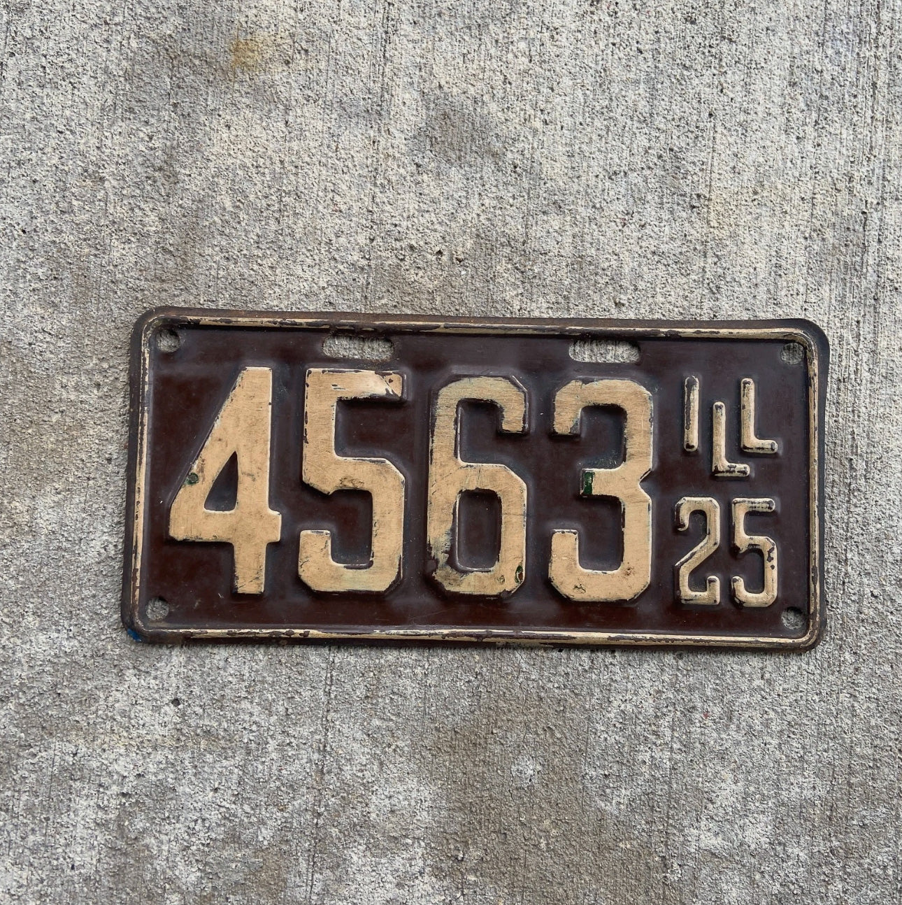 Photo of a 1925 Illinois License Plate Auto Tag Garage Decor Vintage Low Number Four Digit 4563 with original patina
