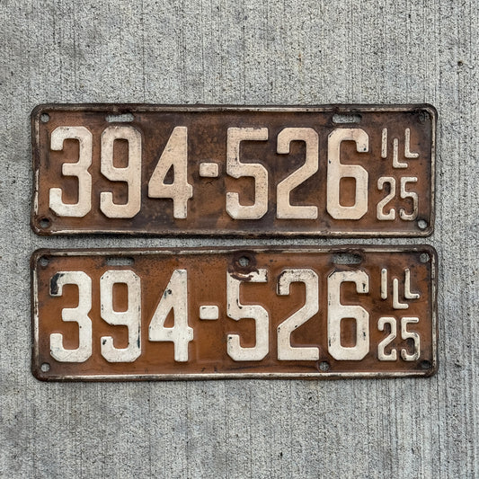 Photo of a 1925 Illinois License Plate Pair Auto Tag Garage Decor Vintage 394 526 with original patina
