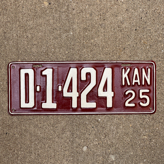 Photo of a 1925 Kansas Dealer License Plate Auto Tag Garage Decor Vintage D 1424 with original patina