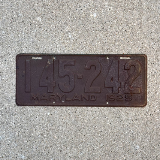 Photo of a 1925 Maryland License Plate Auto Tag Garage Decor Vintage 145 242 with original patina
