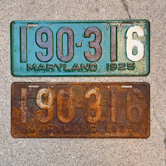Photo of a 1925 Maryland License Plate Pair Auto Tag Garage Decor Vintage 190 316 with original patina