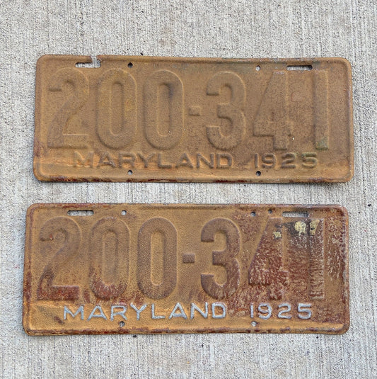 Photo of a 1925 Maryland License Plate Pair Auto Tag Garage Decor Vintage Restoration Ready 200 341 with original patina