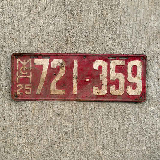 Photo of a 1925 Michigan License Plate Auto Tag Garage Decor Vintage 721 359 with original patina