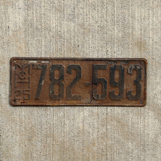 Photo of a 1925 Michigan License Plate Auto Tag Garage Decor Vintage 782 593 with original patina