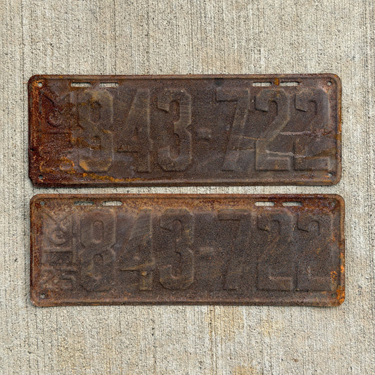 Photo of a 1925 Michigan License Plate Pair Auto Tag Garage Decor Vintage 843 722 with original patina