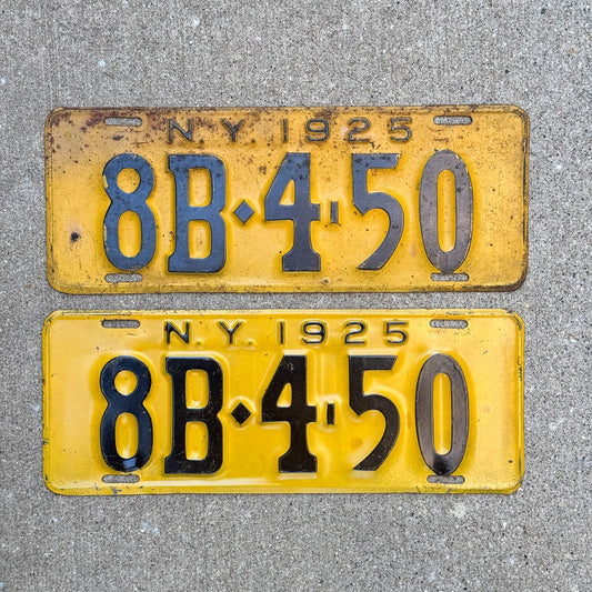 Photo of a 1925 New York License Plate Pair Auto Tag Garage Decor Vintage 8B 4 50 with original patina