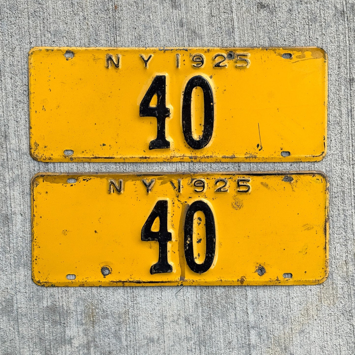 Photo of a 1925 New York License Plate Pair Auto Tag Garage Decor Vintage ALPCA Archive ExamplevLow Number Two Digit 40 with original patina