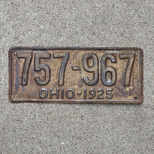 Photo of a 1925 Ohio License Plate Auto Tag Garage Decor Vintage 757 967 with original patina