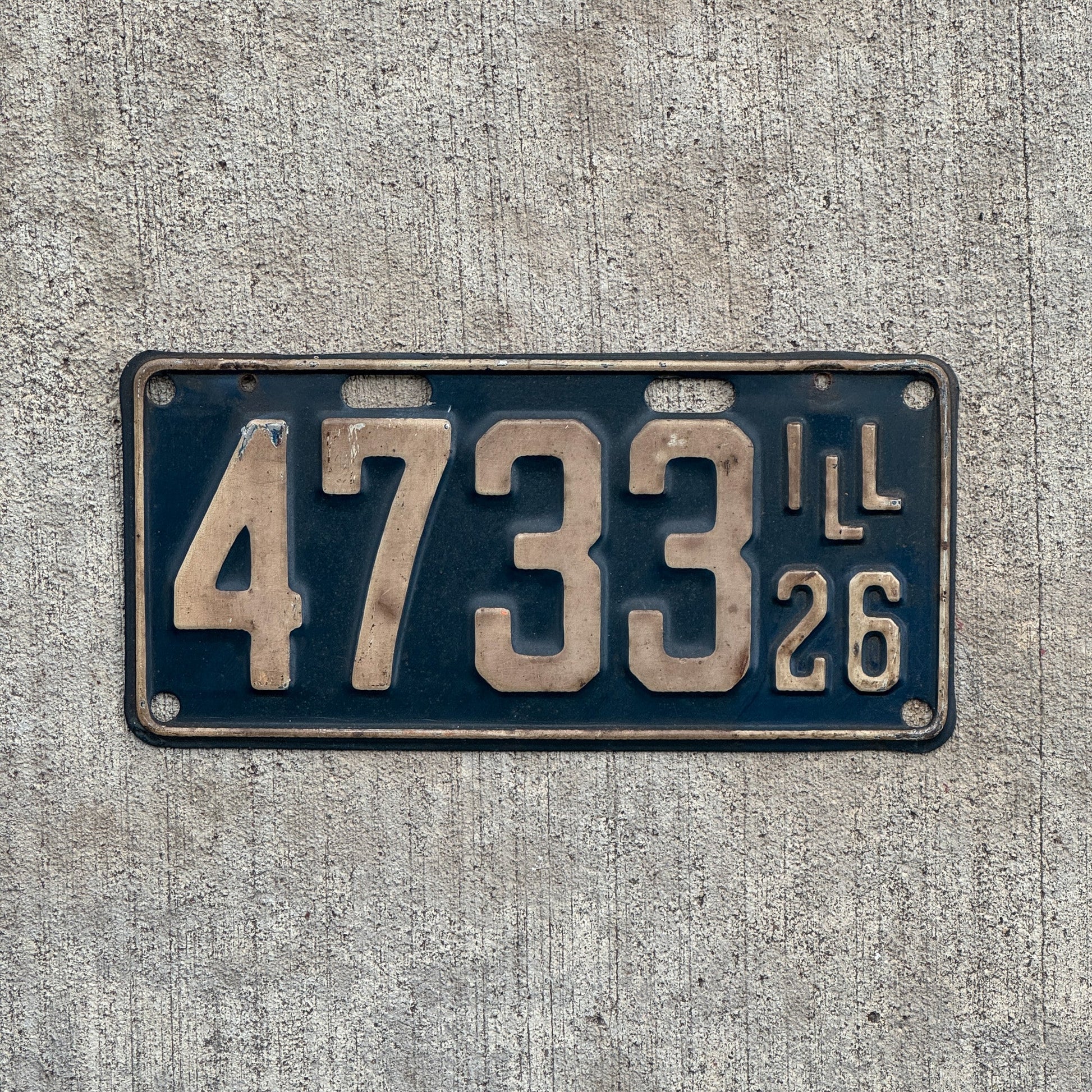 Photo of a 1926 Illinois License Plate Auto Tag Garage Decor Vintage Low Number Four Digit 4733 with original patina