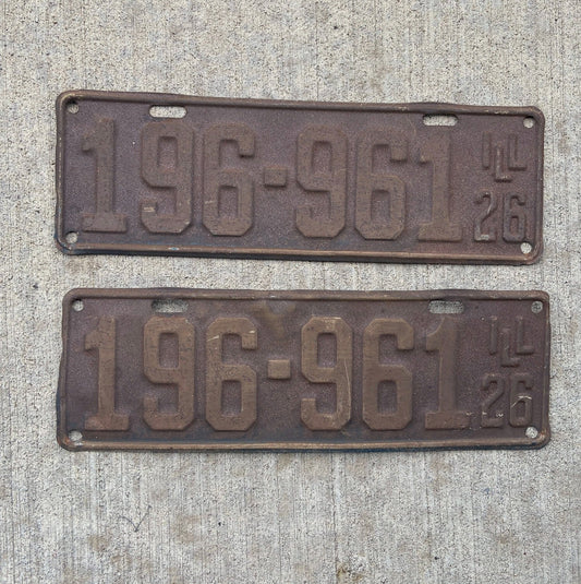 Photo of a 1926 Illinois License Plate Pair Auto Tag Garage Decor Vintage 196961 with original patina