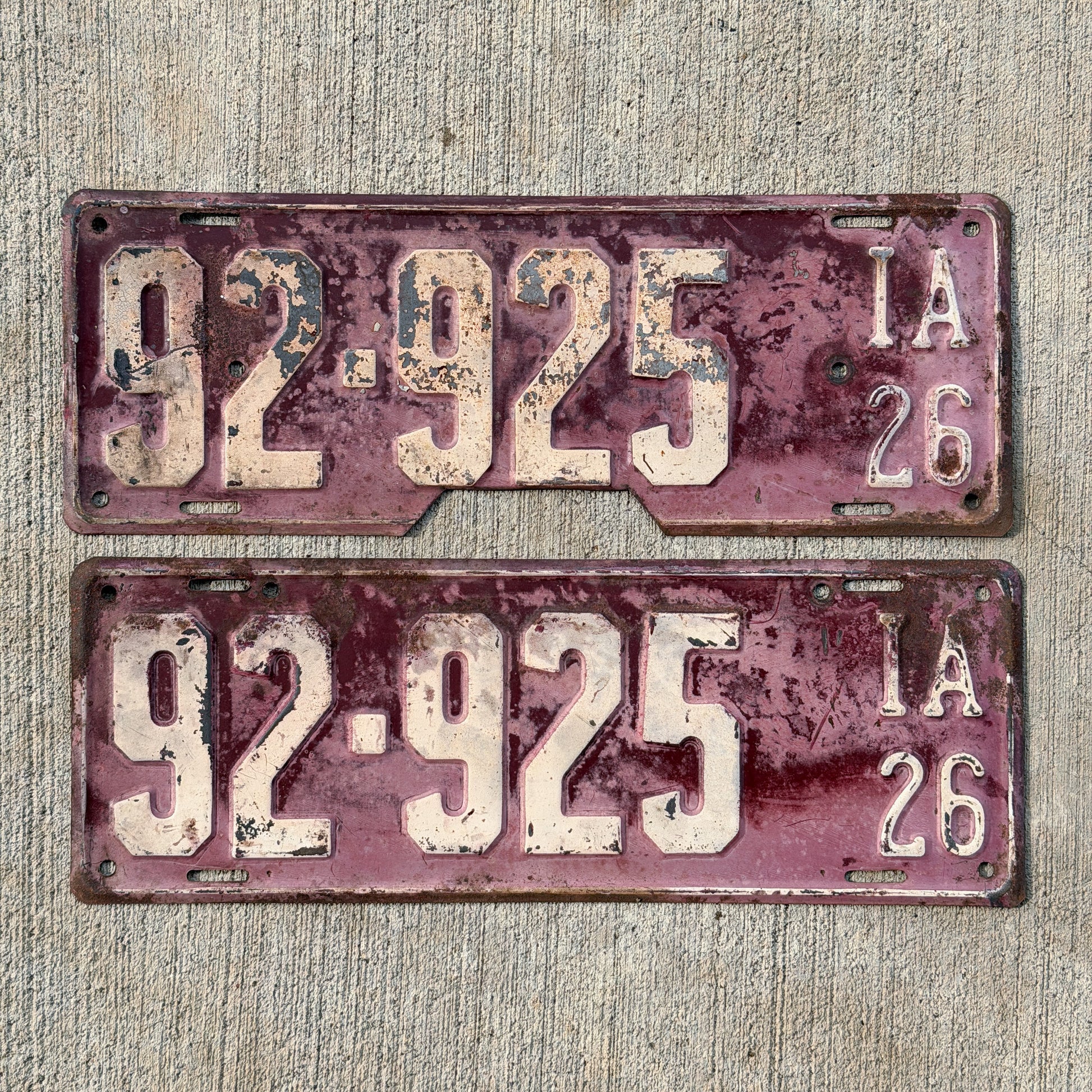 Photo of a 1926 Iowa License Plate Pair Auto Tag Garage Decor Vintage 92 925 with original patina