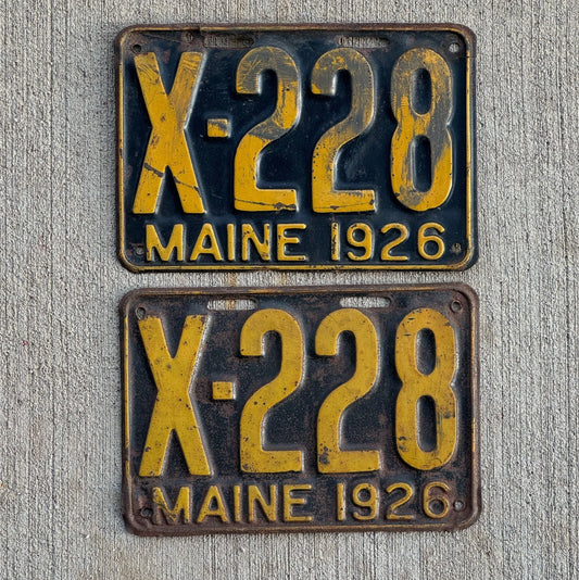Photo of a 1926 Maine Truck License Plate Pair Auto Tag Garage Decor Vintage Low Number Three Digit X 228 with original patina