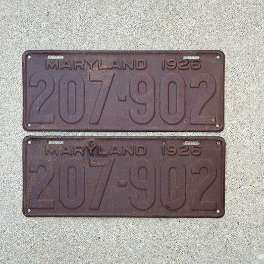 Photo of a 1926 Maryland License Plate Pair Auto Tag Garage Decor Vintage 207 902 with original patina