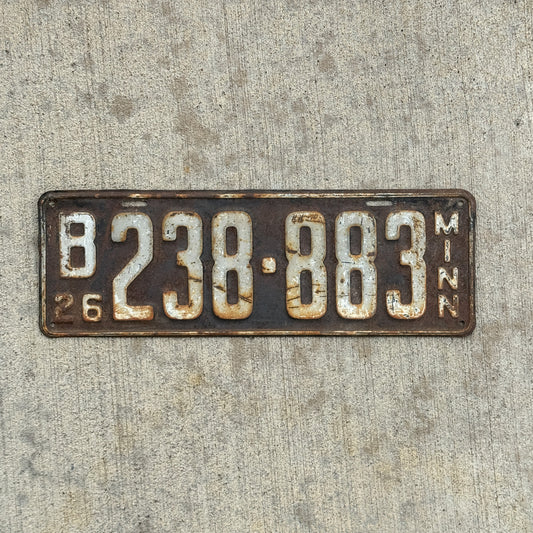 Photo of a 1926 Minnesota License Plate Auto Tag Garage Decor Vintage Repeat Repeating B 238 883 with original patina